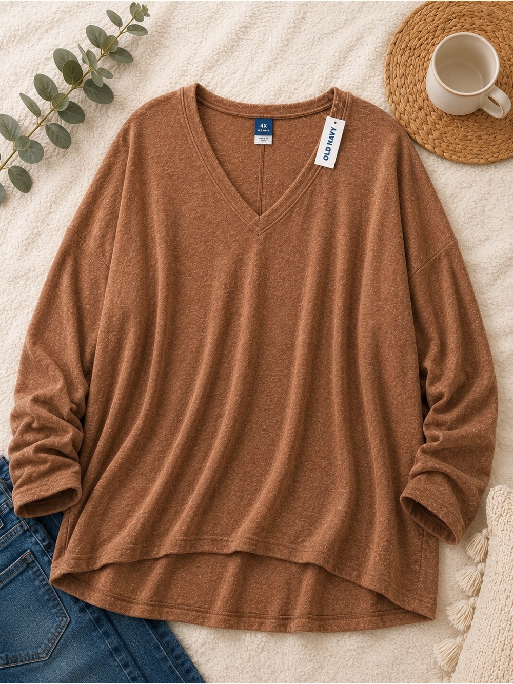 NWT Old Navy Plus 4X Brown V-Neck Long Sleeve Relaxed Top